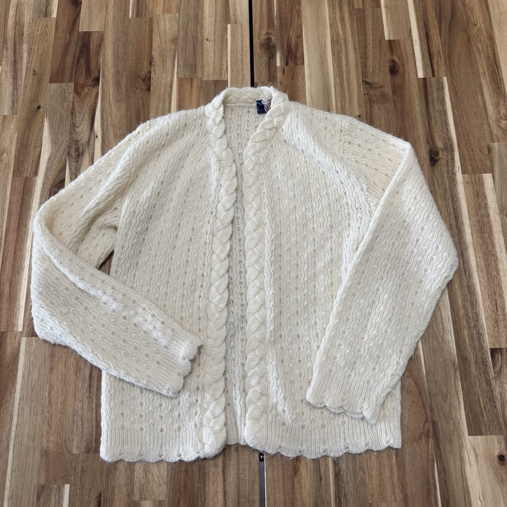 Vintage Cable Knit Cardigan Sweater Womens XS Ivory Penrose Open Face Knit 70s